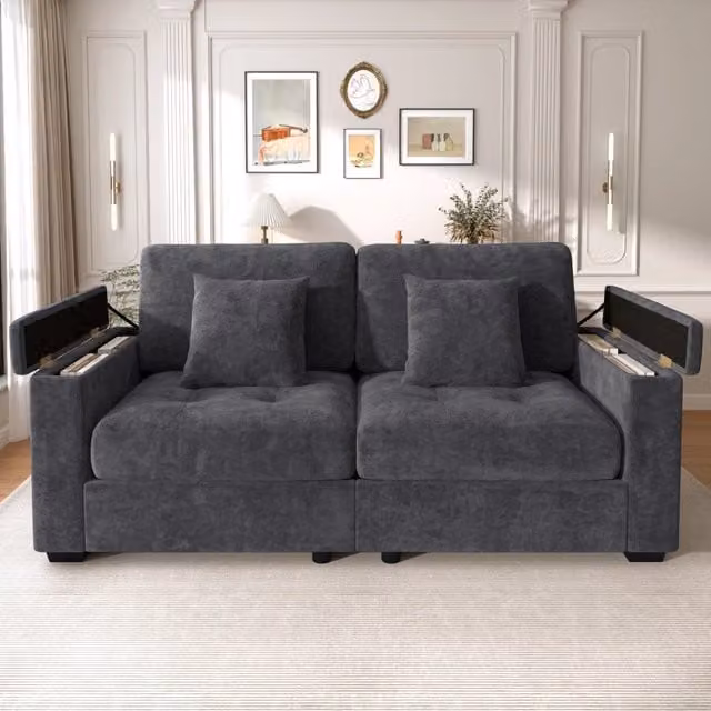 Divano moderno a 2 posti WISHDOR in tessuto grigio con struttura in legno massiccio e 2 cuscini decorativi