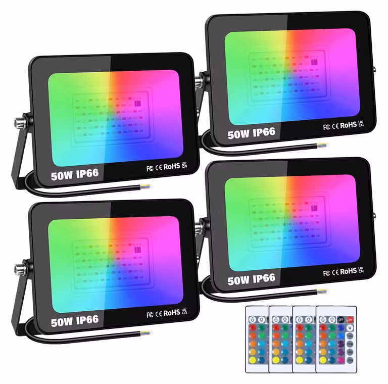 Confezione da 4 luci a LED RGB da 50W, grado di protezione IP66, con telecomando e 16 colori