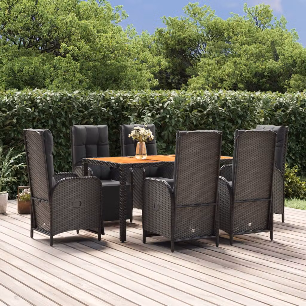 Set da pranzo da giardino vidaXL in polyrattan e legno di acacia nero con 7 pezzi