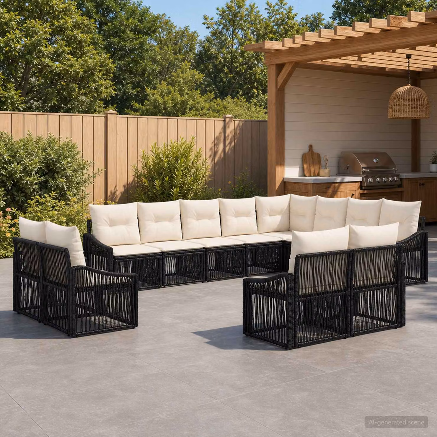 Set Divano da Giardino vidaXL 12 Pezzi a Forma di U in Polyrattan Nero con Cuscini Imbottiti e Struttura in Acciaio Verniciato a Polvere