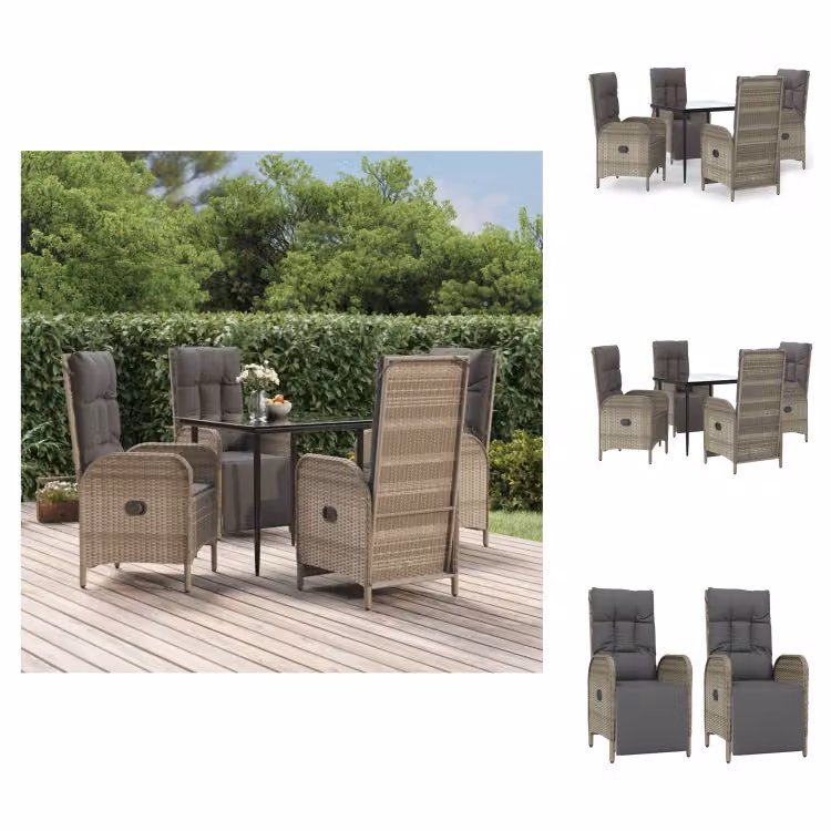 vidaXL Set da pranzo da giardino 5 pezzi con cuscini in poly rattan nero e grigio - Set di mobili da giardino