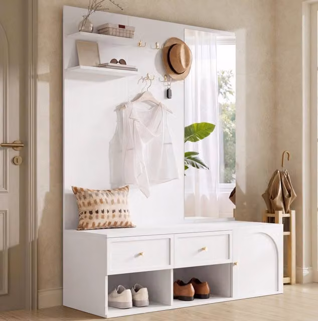Mobile ingresso ULEVR 120x35x159 cm con specchio, panca, 5 ganci, 2 cassetti e vano con anta, bianco