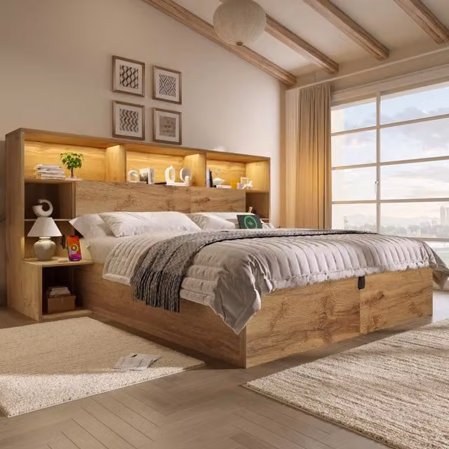 Letto matrimoniale MODFU in finitura quercia marrone con contenitore a sollevamento, illuminazione LED, porte USB e comodini integrati, L/P: 180 x 200 cm