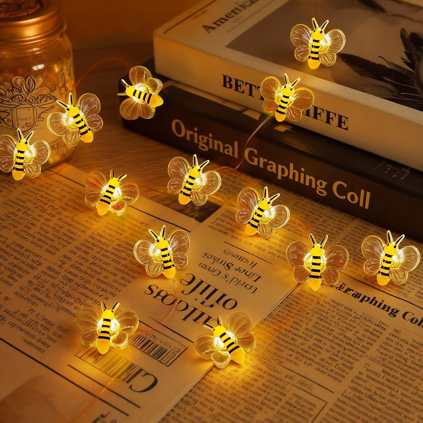 Catena luminosa a forma di ape, 2 metri, 20 LED, luce bianca calda, alimentazione a batteria