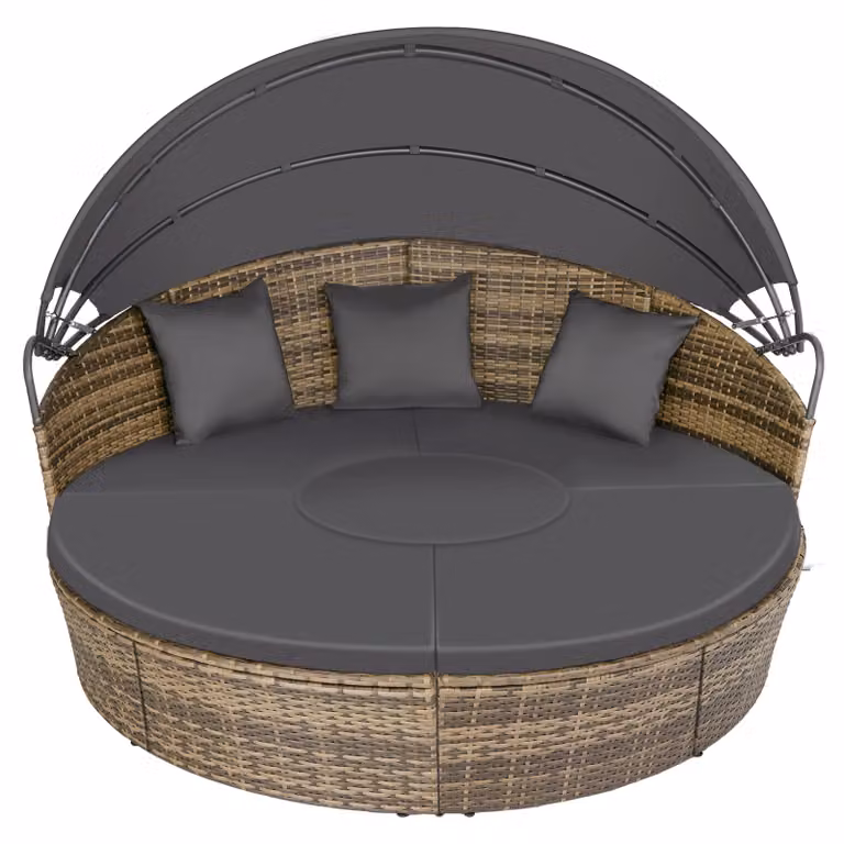 Isola prendisole Santorini tectake in rattan con tendalino e struttura in acciaio, disponibile nei colori beige o grigio, L/P/H: 175 x 120 x 136 cm