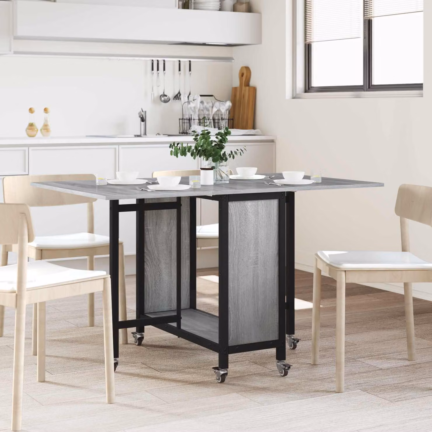 vidaXL Tavolo da pranzo pieghevole con ruote in legno e metallo grigio L: 130 cm, P: 80 cm, H: 76,5 cm
