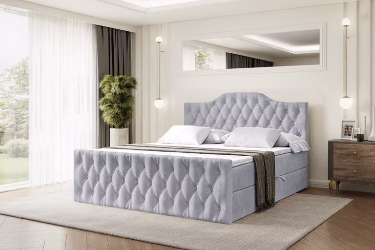 Letto boxspring ALTDECOR con pediera, materasso H4 e topper - 120x200 cm - VILA-1-Z - Velluto grigio chiaro - Letto imbottito con contenitore e rete a doghe, letto con spazio contenitivo