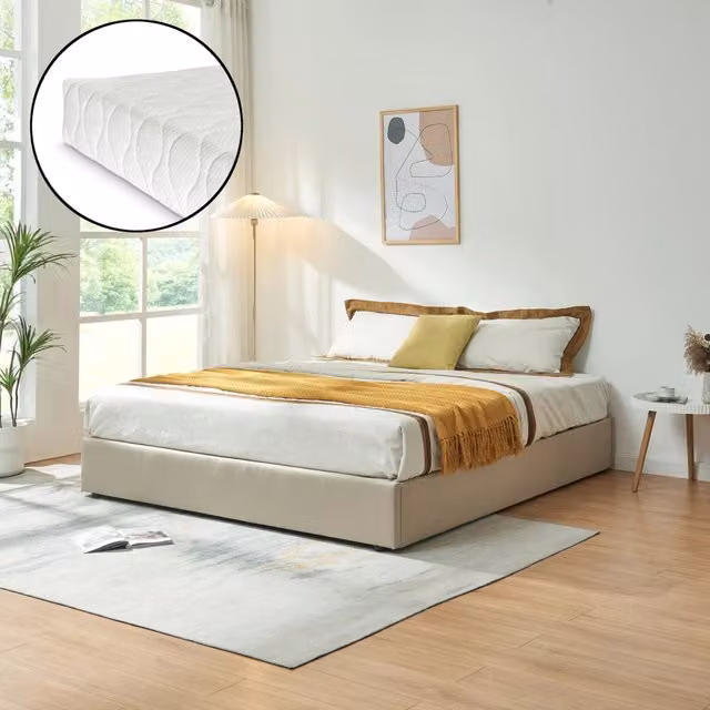 Letto Matrimoniale Contenitore Nola 180x200 cm con Materasso Apertura a Ribalta Rivestito in Tessuto Lino - Beige [en.casa]