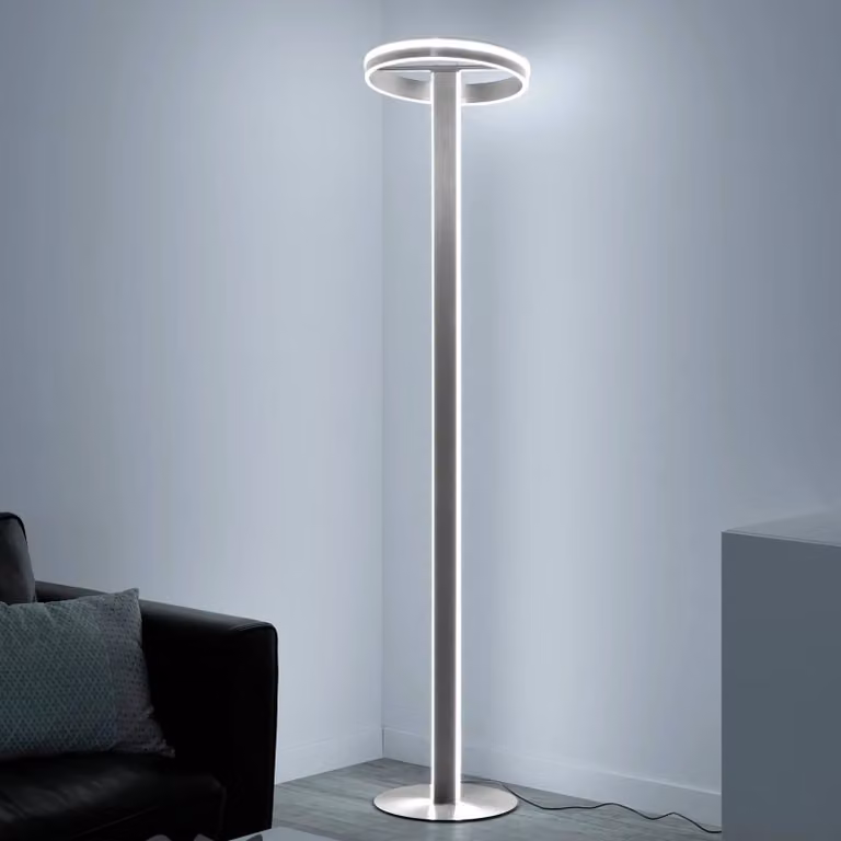 Q-Smart-Home Paul Neuhaus Q-Vito piantana LED dritta con anello Q-Vito, dimmerabile, Alluminio / Grigio / Zincato, Soggiorno / Sala da pranzo, Alluminio, Moderno