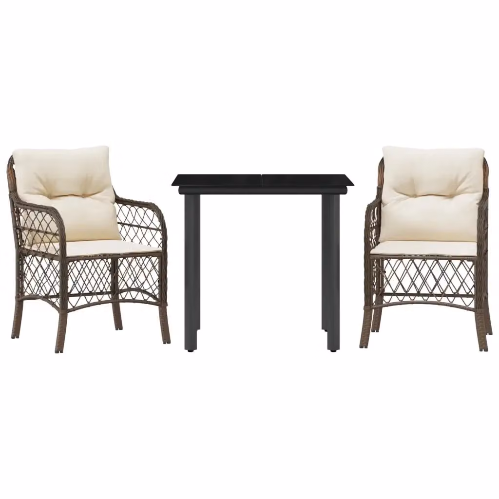 Set Bistrò vidaXL da 3 pezzi in Polyrattan Marrone con Cuscini e Tavolo in Vetro – 2