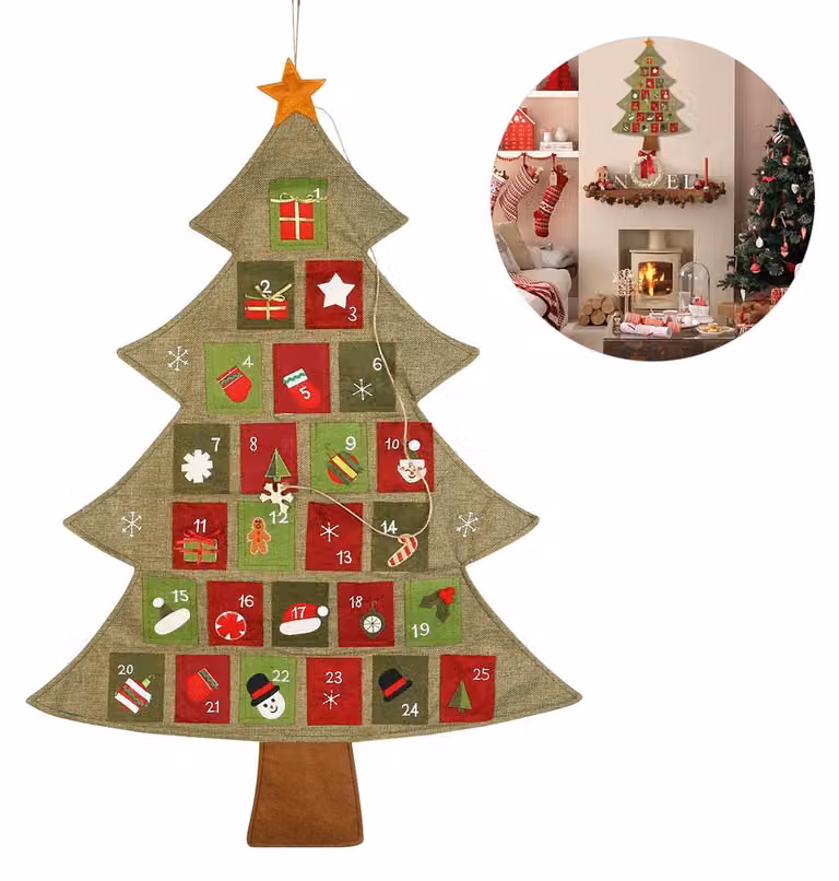 Calendario dell'Avvento a forma di albero di Natale, dimensioni 64x89 cm, con 25 decorazioni