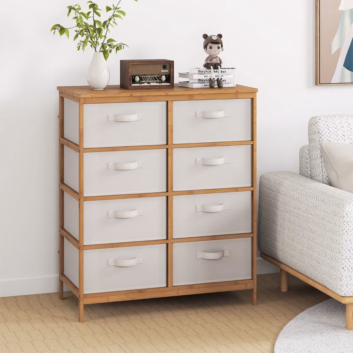 Cassettiera Costway con 8 cassetti in bambù e tessuto beige per camera da letto, soggiorno o corridoio