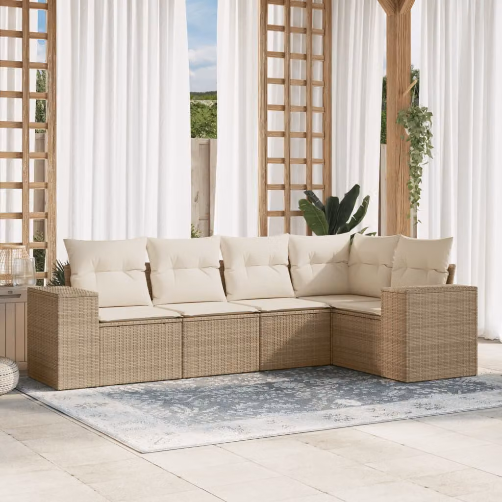 vidaXL Set Divano da Giardino a L 5 pz con Cuscini Beige e Struttura in Metallo e Polyrattan – 1
