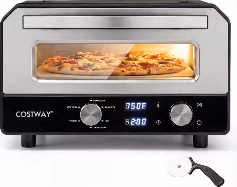 Forno elettrico per pizza COSTWAY da interno, forno per pizza riscaldabile fino a 400 °C, pizzaiolo con 6 impostazioni predefinite, funzione di cottura in 2 minuti, pietra per pizza e rotella tagliapizza