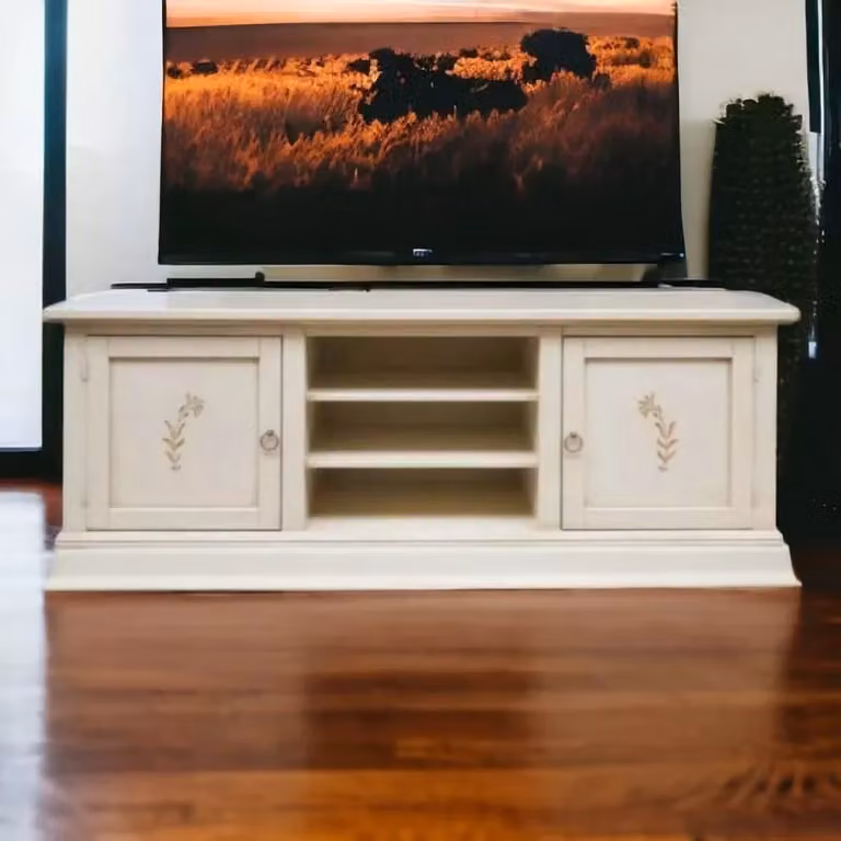 Porta TV Mobili 2G in legno stile shabby chic con 2 ante e decori floreali, colore beige e bianco, L: 160 cm, P: 46 cm, H: 56 cm