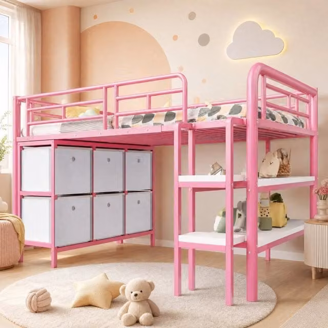 Letto a soppalco 90x200 cm con scale larghe; cassetti e ripiani in metallo rosa