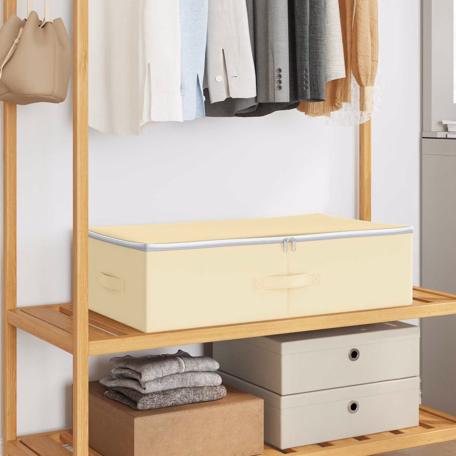 Set di 24 scatole di stoccaggio pieghevoli vidaXL in tessuto non tessuto beige con maniglie L: 70 cm, P: 40 cm, H: 18 cm