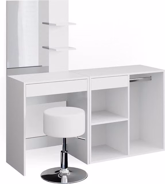 Tavolo da toeletta Isabelle Bianco 140 cm con specchio, sgabello e mobile aggiuntivo Vicco
