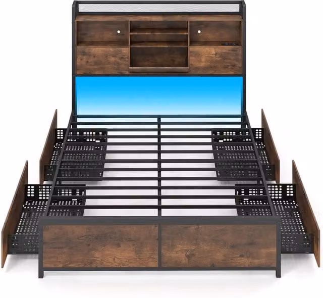 Struttura letto con LED e stazione di ricarica testiera contenitore e 4 cassetti, Piattaforma in metallo senza rete a molle 220 x 143 x 113 cm