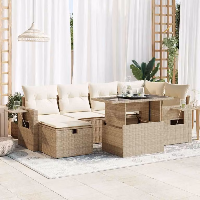 Set di divani da giardino vidaXL in polyrattan beige composto da 7 pezzi con cuscini e tavolino da esterno