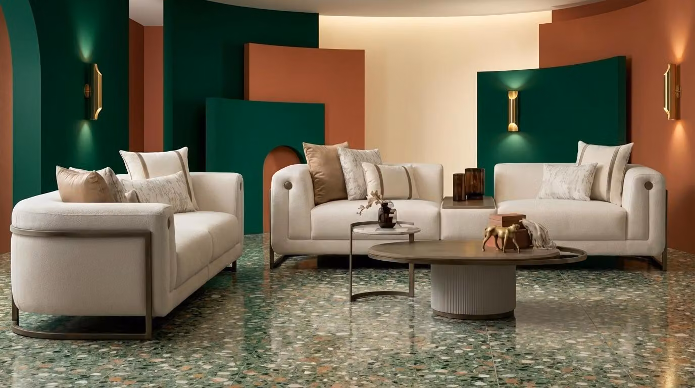 Set da salotto beige: divano a 4 posti + 3 posti, tavolino da salotto, tavolino ausiliario, mobili di design
