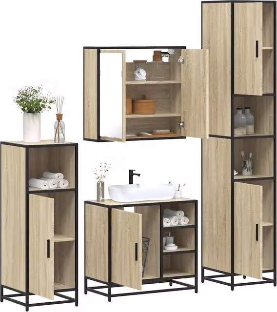 Set di mobili da bagno industrial vidaXL in legno e metallo beige composto da armadietto specchio, mobile lavabo, mobile laterale e colonna alta