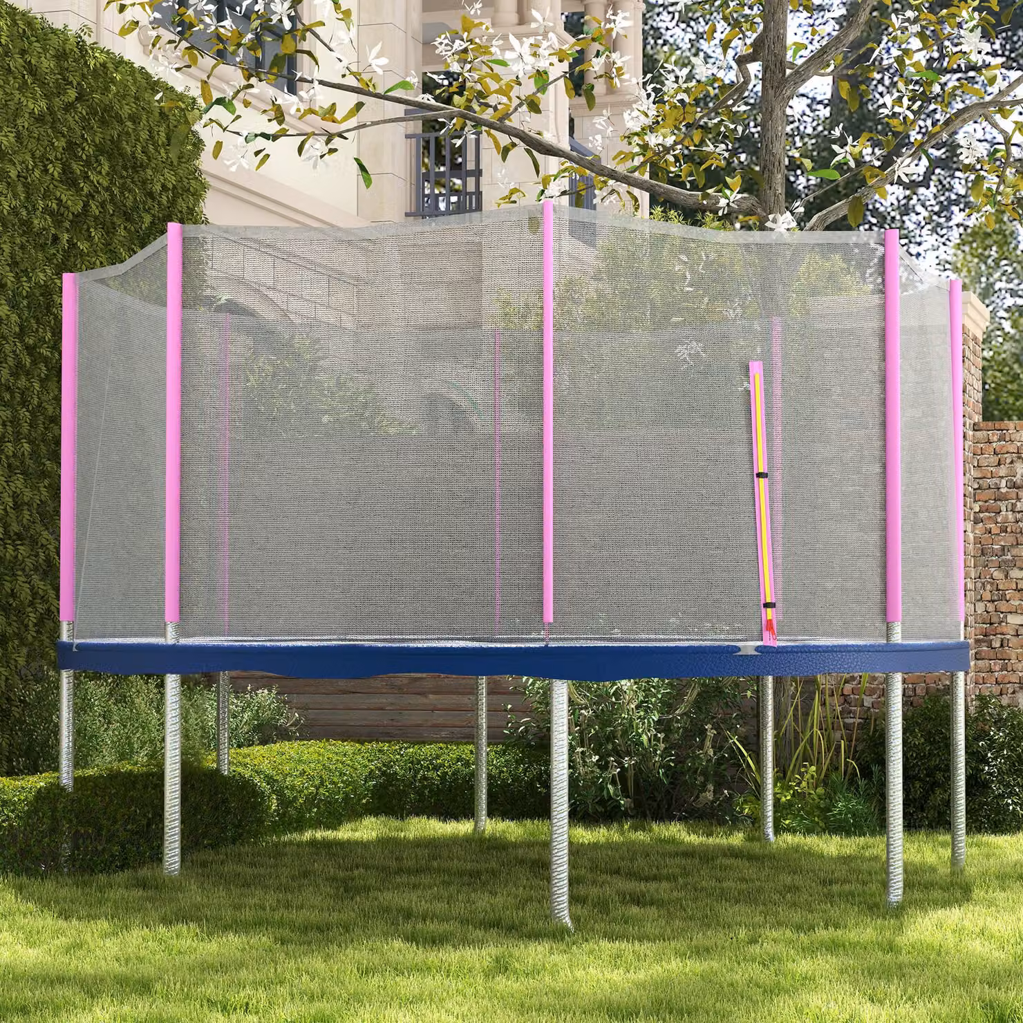 Rete di Protezione per Trampolino SPORTNOW con 6 Pali e Ingresso con Cerniera in PE, Ø 366 cm, Nero e Rosa Aosom – 2