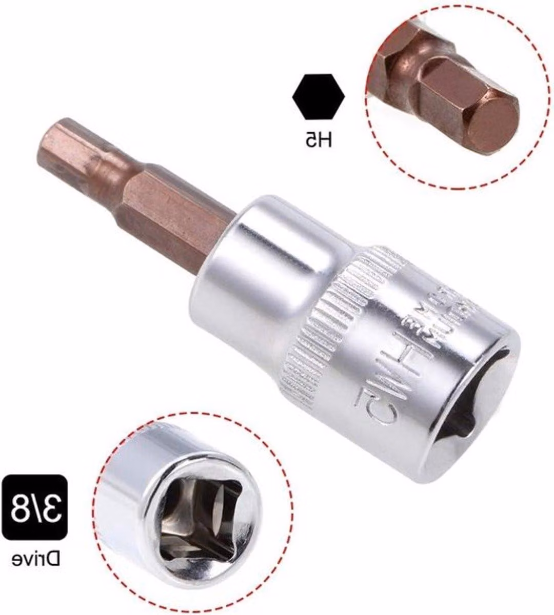 Set di chiavi a bussola esagonali da 3 pezzi con attacco da 3/8" e set di chiavi esagonali H5 (5 mm), realizzate in acciaio S2 di alta qualità, adatte per chiavi dinamometriche, chiavi a cricchetto e