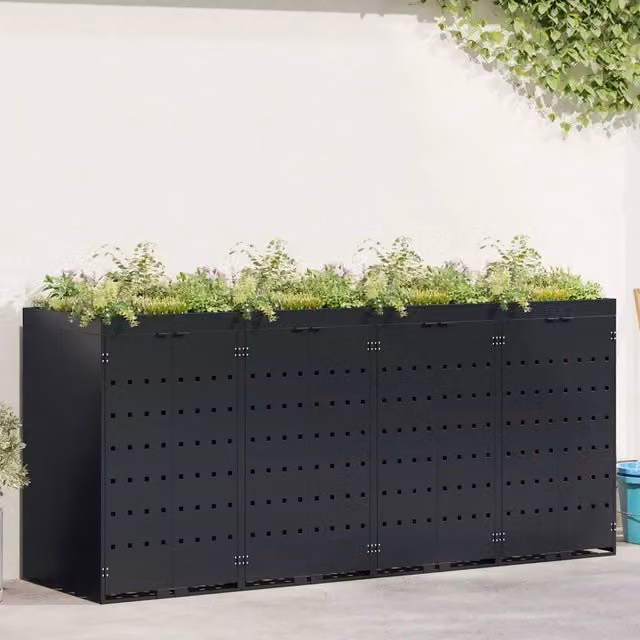 vidaXL Contenitore per Rifiuti per 4 Bidoni in Acciaio Nero L: 272 cm, P: 77,5 cm, H: 121,5 cm