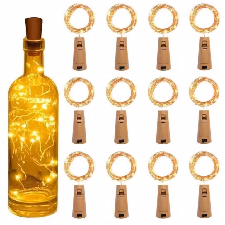 Set di 12 luci a LED per bottiglie, lunghezza 2 metri, 20 LED bianco caldo, con tappi