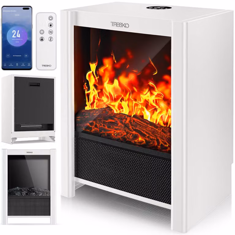 Stufa elettrica a pavimento - 2000 W di potenza - Metallo bianco - Effetto fiamma a LED - Stufa d'atmosfera
