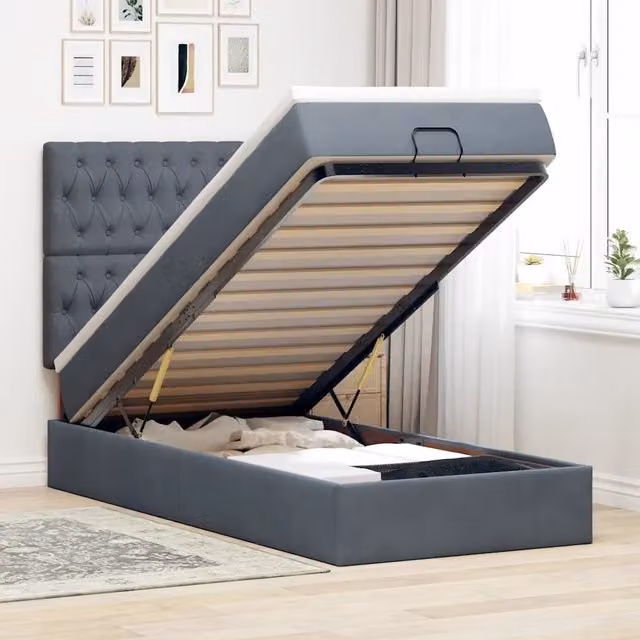 Letto con Contenitore e Pouf vidaXL in Velluto Grigio e Bianco, L/P/H: 180 x 200 x 140 cm con Base a Sollevamento, Illuminazione Sotto il Letto e Porte USB
