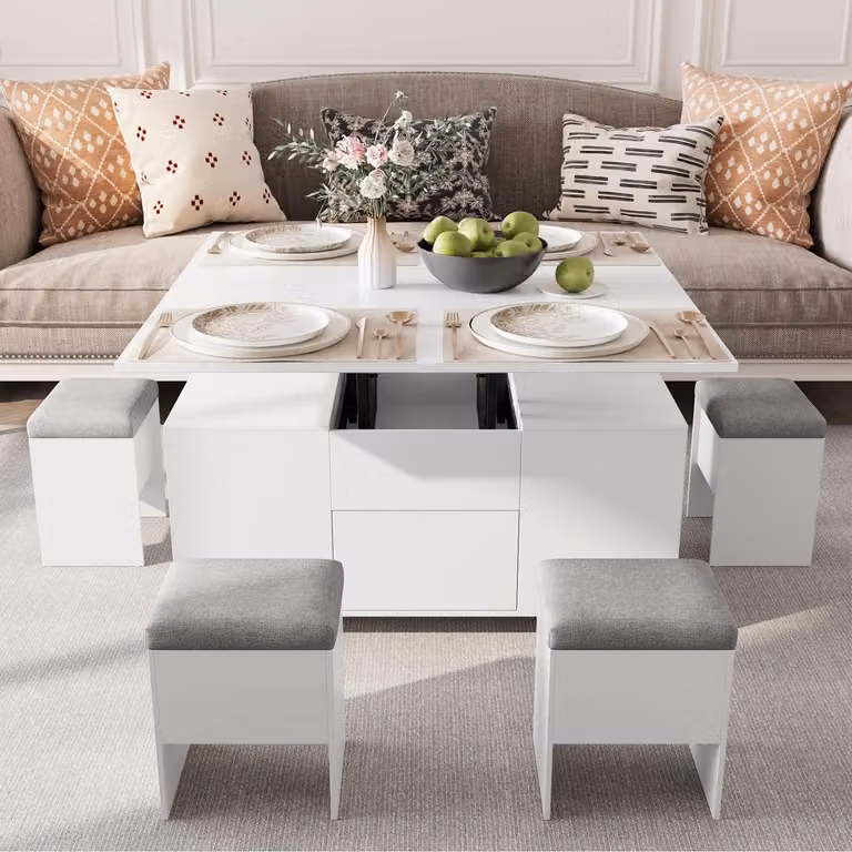 Tavolino da divano regolabile in altezza con poggiapiedi, design 3-in-1, colore bianco