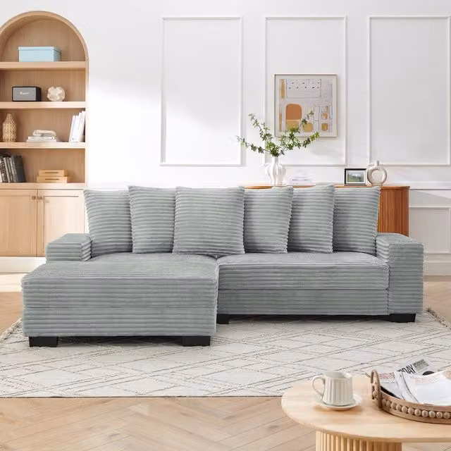 Divano angolare reversibile 4 posti con chaise longue modulare e 6 cuscini in velluto a coste - grigio