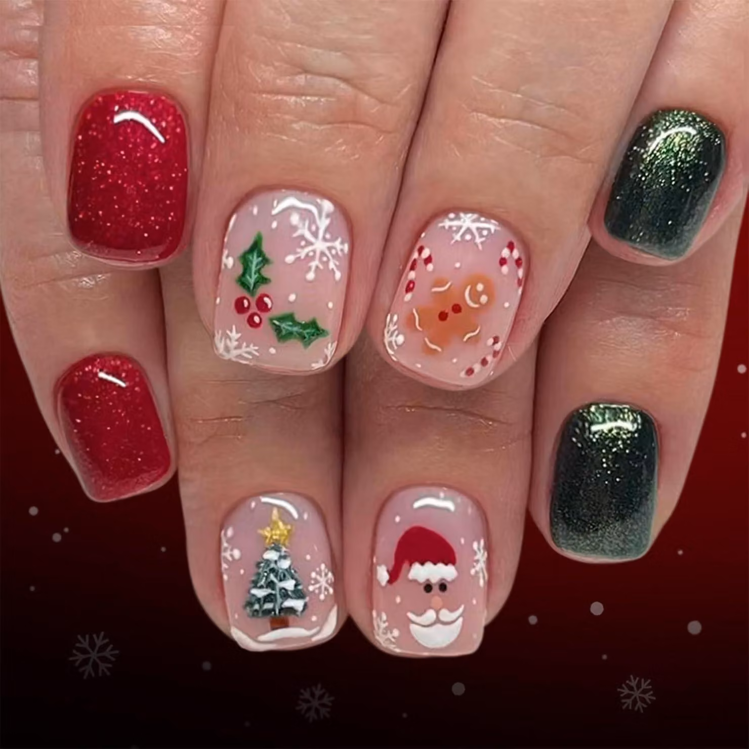 Unghie finte a pressione, tema natalizio con Babbo Natale e glitter, confezione da 24 pezzi