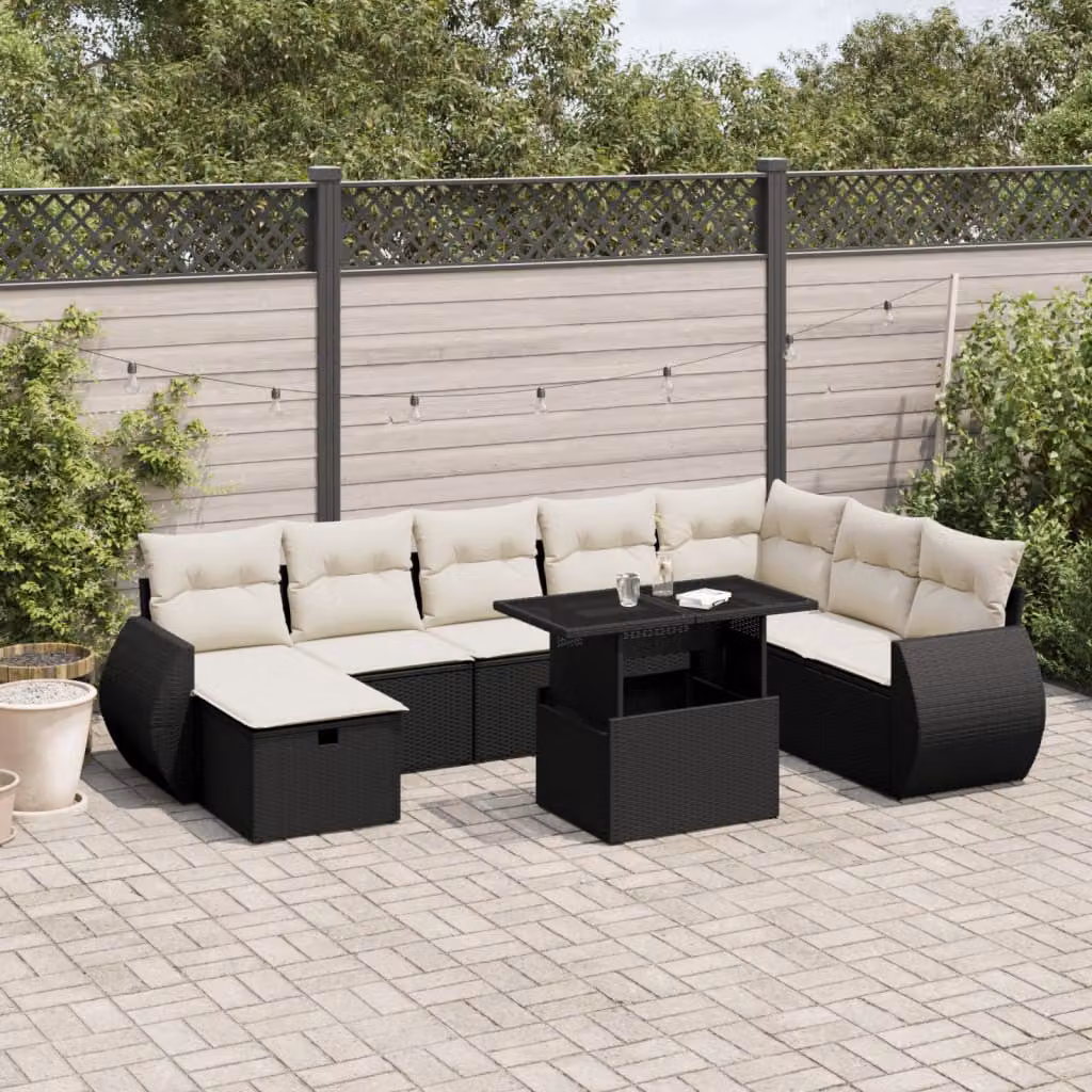 vidaXL Set Divani da Giardino a L 9 pz in Polyrattan Nero con Cuscini e Tavolino da Esterno – 1