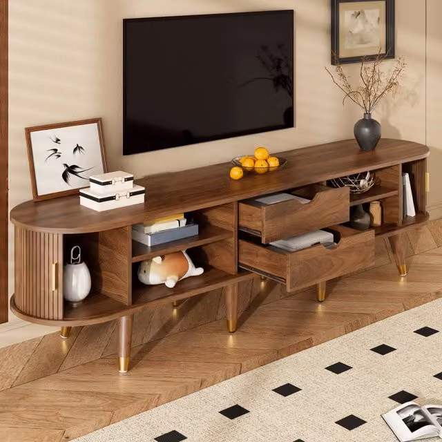 Mobile porta TV in MDF con porta scorrevole in rattan cassetti e vani aperti per soggiorno noce 175 × 38 × 45 cm