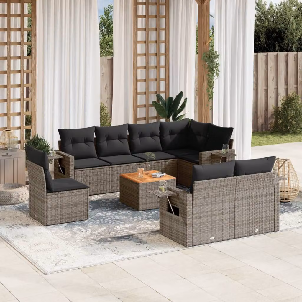 vidaXL Set Divano da Giardino a L 9 pz in Polyrattan Grigio con Cuscini e Tavolino – 1