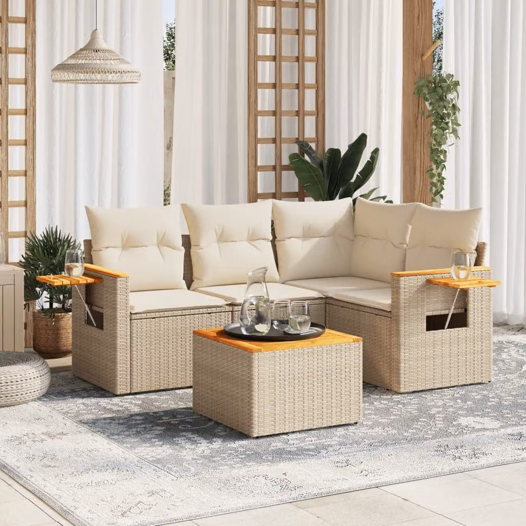 vidaXL Set Divano da Giardino a L 5 pz in Polyrattan con Cuscini Beige e Tavolino da Esterno – 1