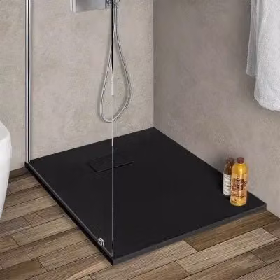 Piatto doccia rettangolare Agorà in resina nero effetto pietra, riducibile, antiscivolo