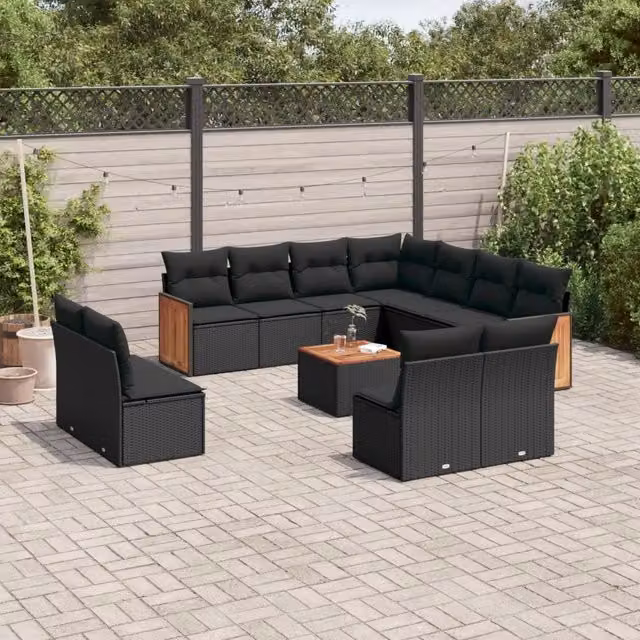 Set di Divani da Giardino vidaXL in Polyrattan Nero con Cuscini e Tavolino da Esterno – 1