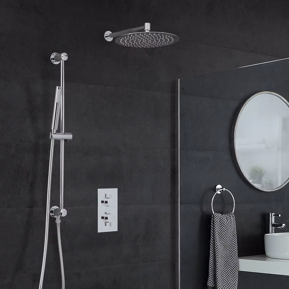 Set Doccia Termostatica Mirage con Miscelatore, Soffione Rain 300mm e Asta Saliscendi, Colore Argento/Cromo