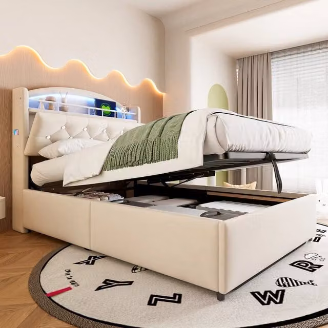 Letto imbottito REDOM in velluto beige con contenitore, illuminazione LED e porta USB, L/P/H: 90 x 200 cm