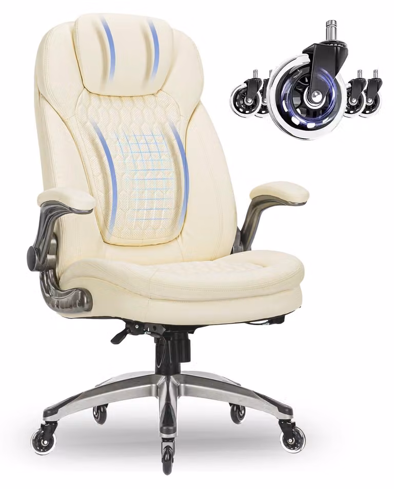 Sedia da ufficio COLAMY, sedia da ufficio ergonomica con cuscino di seduta dello spessore di 13,5 cm e braccioli ribaltabili, colore bianco