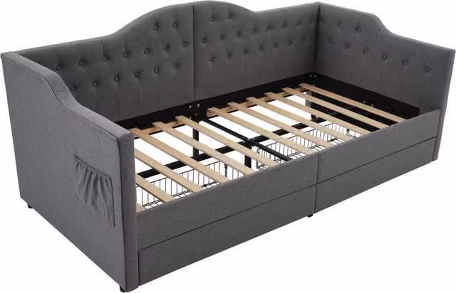 Letto imbottito Daybed con struttura 90x190 cm grigio lino, 2 cassetti e porta USB Type-C (senza materasso)