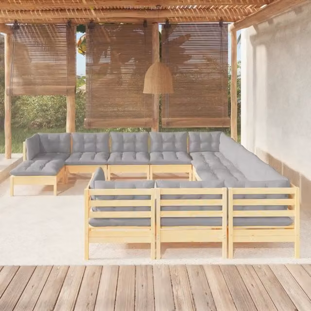Set di Divani da Giardino vidaXL a Forma di U in Legno di Pino con Cuscini Grigi