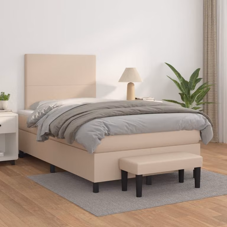 vidaXL Letto con Giroletto a Molle e Materasso Ibrido in Similpelle Colore Cappuccino L/P/H: 200 x 120 x 128 cm
