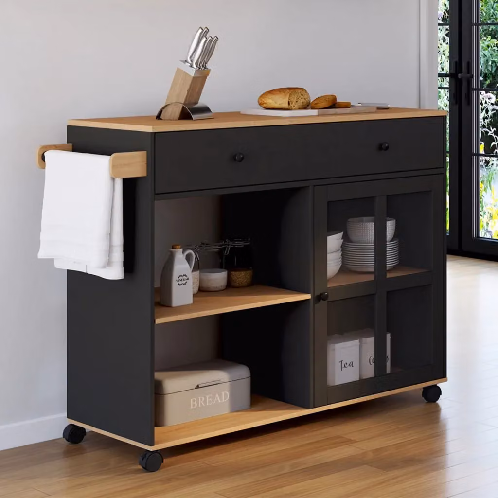 IDMarket Credenza da cucina ACHILLE XXL moderna con ripiano e armadio, finitura smaltata nera e legno, L: 100 cm, P: 40 cm, H: 85 cm – 2