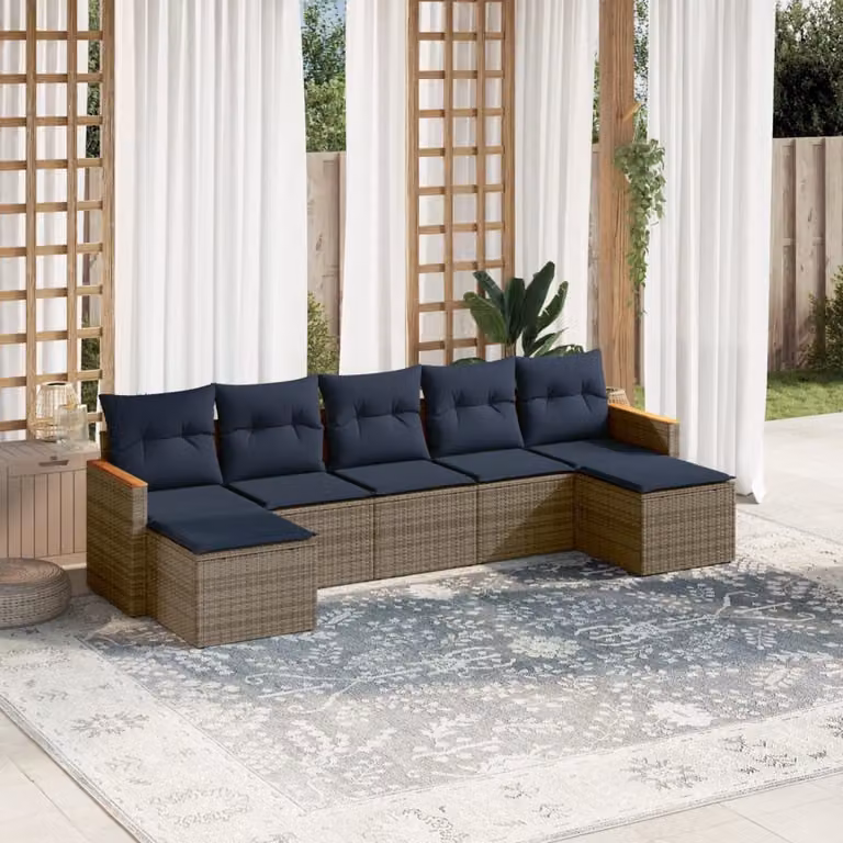 Set di divani da giardino vidaXL 7 pz a forma di U in polyrattan grigio con cuscini imbottiti e coperture rimovibili