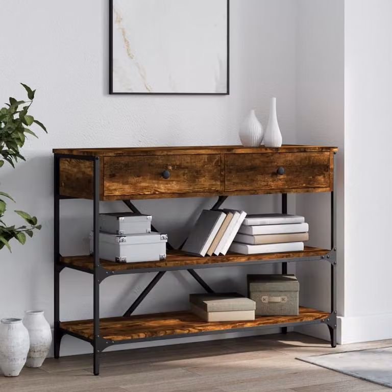 vidaXL Tavolino Consolle con Cassetti e Ripiani in Rovere Fumo, L: 100 cm, P: 34,5 cm, H: 75 cm